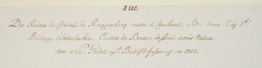 Aquarelle originale avec titre et signature manuscrite au verso: ‘Vue Des ruines du Château de Ringgenberg contre le couchant, situé dans le cy. dt. ...