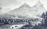 Ansicht von Schwyz. - Von Ybach an der Mutta aufgenommen, gegen die Mythen / Vue Prise depuis Ybach près de la Moutta (rivière) vis-à-vis les Mythen.. ...