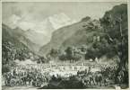 Vue de la Jungfrau et de la Fête des Bergers célébrée en 1808 au pied du Château d’Unspunnen.. VILLENEUVE d’après les croquis de M. ENGIN, les figures ...
