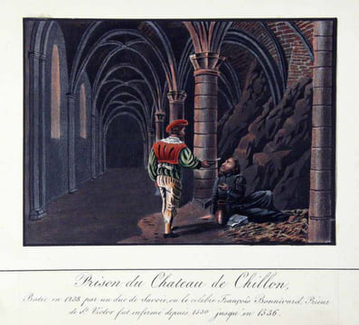 Chillon. - (Texte ms.:) Prison du Château de Chillon. Bâtie en 1238 par un duc de Savoie, où le célebre François Bonnivard, Prieur de St. Victor fut ...