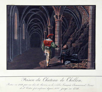 Chillon. - (Texte ms.:) Prison du Château de Chillon. Bâtie en 1238 par un duc de Savoie, où le célebre François Bonnivard, Prieur de St. Victor fut enfermé depuis 1530 jusqu’en 1536.