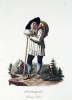 Montagnard (portant deux fromages sur son cacolet, fumant la pipe appuyé sur son alpenstock). Tirée de ‘Costumes Suisses’ par G. Lory fils et F.-W. ...