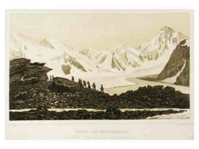 4 vues lithogr. des ‘Nouvelles études... ens.: 1) (Vue de l’) Hotel des neuchâtelois sur la Mer de glace du Lauter Aar et Finster Aar Côté méridional (Bettanier - Nicolet).2) Hotel des neuchâtelois sur la Mer de glace du Lauter Aar et Finster Aar Côté septentrional (Bettanier - Nicolet).3) Rive gauche du Glacier de l’Aar (Castan - Gruaz).4) Stratification du Lauter-Aar (Castan - Gruaz). 5) Roches polies du Landeron.6) Fragmens de roches polies.