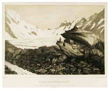 4 vues lithogr. des ‘Nouvelles études... ens.: 1) (Vue de l’) Hotel des neuchâtelois sur la Mer de glace du Lauter Aar et Finster Aar Côté méridional (Bettanier - Nicolet).2) Hotel des neuchâtelois sur la Mer de glace du Lauter Aar et Finster Aar Côté septentrional (Bettanier - Nicolet).3) Rive gauche du Glacier de l’Aar (Castan - Gruaz).4) Stratification du Lauter-Aar (Castan - Gruaz). 5) Roches polies du Landeron.6) Fragmens de roches polies.