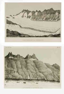 4 vues lithogr. des ‘Nouvelles études... ens.: 1) (Vue de l’) Hotel des neuchâtelois sur la Mer de glace du Lauter Aar et Finster Aar Côté méridional (Bettanier - Nicolet).2) Hotel des neuchâtelois sur la Mer de glace du Lauter Aar et Finster Aar Côté septentrional (Bettanier - Nicolet).3) Rive gauche du Glacier de l’Aar (Castan - Gruaz).4) Stratification du Lauter-Aar (Castan - Gruaz). 5) Roches polies du Landeron.6) Fragmens de roches polies.