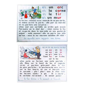 1) Affiche pour la lecture, (Ire série). Tableau n° 3: du marché, mère rapporte une tortue + au verso le n° 4: les tortues font la course devant le trottoir. / 2): n° 5: le bac dérive à la cascade et bascule.+ au verso n° 6: Raoul regarde les marins et les soldats de l’arsenal).