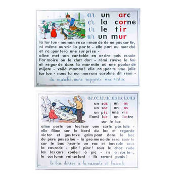 1) Affiche pour la lecture, (Ire série). Tableau n° 3: du marché, mère rapporte une tortue + au verso le n° 4: les tortues font la course devant le ...