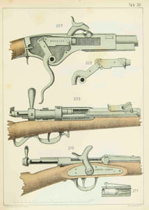 Les Armes à Feu portatives, leur origine et leur développement historique et technique jusqu'à nos jours, par Rodolphe Schmidt, major à l'Etat-Major général suisse et Directeur de la Fabrique Fédérale d'Armes. Atlas seul de 56 (de 58) planches contenant plus de 400 dessins chromolithographiques.