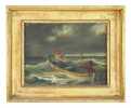 Peinture &agrave; huile sur toile. Sc&egrave;ne maritime. Chaloupe avec 2 personnages. . BOUHOT, Etienne (peintre: 1780-1862):