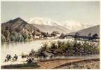 Vue du Pont de Saint-Martin, le Mont Blanc au fond. Lithographie rehaussée à la main en couleur et vernissée.. CICERI, Eugène (1813-1890):