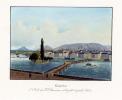 Genève. - L’Isle de J.J. Rousseau et le petit et grand Salève. (Avec au fond le Mont-Blanc. Anonyme, dans le style des aquatintes publiées par ...