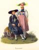 Lucerne. Une paysanne en robe foncée assise sur un rocher. A côté d’elle, une jeune fille en costume clair. Costumes Suisses par G. Lory fils et F.-W. ...