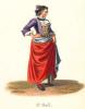 St. Gall. Femme de 3/4 à droite Corset busqué. Lourd jupon rouge. Costumes Suisses par G. Lory fils et F.-W. Moritz . Lory fils / Moritz F.-W.: