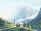 Vue de l’Eglise et cure de Grindelwald avec au fond le Wetterhorn et la langue du Glacier Supérieur de Grindelwald.. DUBOIS, Jean (1789-1849): 