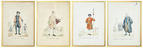 Angleterre, England. Costumes. - 1) Yeoman de la garde Royale / 2) Hérault d’Armes / 3) Invalide de Chelsea / 4) Inspecteur des poids et mesures. 4 ...