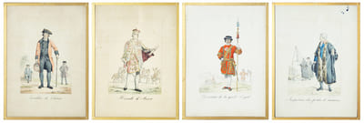 Angleterre, England. Costumes. - 1) Yeoman de la garde Royale / 2) Hérault d’Armes / 3) Invalide de Chelsea / 4) Inspecteur des poids et mesures. 4 planches ens.