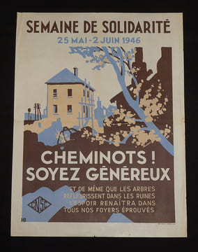 Affiche du Comité National de Solidarité des Cheminots : Semaine de solidarité, 25 mai - 2 juin 1946 : Cheminots ! Soyez généreux. Collectif