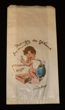 """Mangez des gâteaux plus souvent !"" Sachet de boulangerie illustré d'après Germaine Bouret (18 x 35,8 cm)". Bouret Germaine