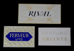 Lot de 3 plaques publicitaires en carton fort : Rival, Ferveur par Lubin, et les parfums Orianys. Collectif