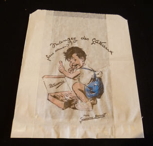 """Mangez des gâteaux plus souvent !"" Sachet de boulangerie illustré d'après Germaine Bouret (12 x 15,5 cm)"