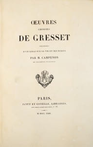 Œuvres choisies de Gresset précédées d’un essai sur sa vie et ses écrits par M. Campenon. Exceptionnelle reliure mosaïquée de Vogel. GRESSET, ...