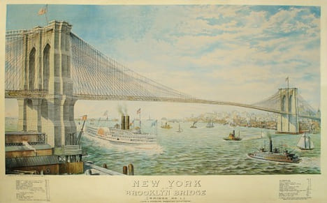 NEW YORK AND BROOKLYN BRIDGE (Bridge n°1) John A Roebling. Designer and 1st Chief Engineer. Superbe vue panoramique en couleurs de la ville de New ...