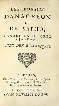 Les Poésies d’Anacréon et de Sapho, traduites de grec en vers François, avec des remarques. Première édition des poésies d’Anacréon traduite en français par le baron de Longepierre.