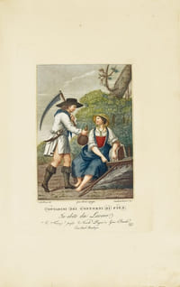 I contadini della Toscana Espressi al naturale Secondo le diverse loro vestiture In sessanta Stampe a colori. Rarissime suite de Antonio et Gaetano Bicci illustrant les costumes de la Toscane au XVIIIe siècle