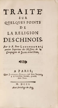 Traité sur quelques points de la religion des Chinois. Edition originale de cette étude de la religion des Chinois par le successeur de Matteo Ricci ...