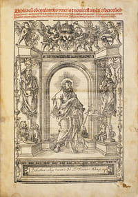 Biblia cum concordantiis veteris novi testameti sacrouca...[In fine : Impressa autem Lugduni: per M. Jacobum Sacon. Expensis. Notabilis viri Antonii Koberger Nurembergensis. Feliciter explicit. Anno salutis Millesimo quingentesimo decimo octavo. Die vero decimo mensis Maii]. Belle édition de cette rare bible illustrée élégamment imprimée en 1518  sur les presses lyonnaises de Jacques Sacon (1472-1530)  pour le célèbre imprimeur allemand Anton Koberger,  l’imprimeur de la Chronique de Nuremberg.