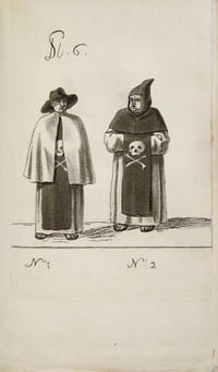 Mascarades Monastiques et Religieuses de toutes les Nations du Globe, Représentées par des figures coloriées dans la plus exacte vérité, avec l’abrégé historique, chronologique et critique de chaque ordre, enrichi de notes sur l’origine de toutes ces pieuses folies ; par Giacomo Carlo Rabelli. Dédié à la République Française, par l’Auteur. Edition originale appartenant au tirage de tête sur papier vélin ornée, fait rare, de 55 estampes (25 en couleurs d’époque - 30 en noir) dont trois en triple épreuve, 23 en double épreuve et 2 sur papier bleu, illustrant, sous la Révolution, les vies monastiques.