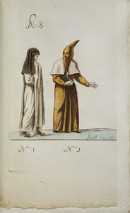 Mascarades Monastiques et Religieuses de toutes les Nations du Globe, Représentées par des figures coloriées dans la plus exacte vérité, avec l’abrégé historique, chronologique et critique de chaque ordre, enrichi de notes sur l’origine de toutes ces pieuses folies ; par Giacomo Carlo Rabelli. Dédié à la République Française, par l’Auteur. Edition originale appartenant au tirage de tête sur papier vélin ornée, fait rare, de 55 estampes (25 en couleurs d’époque - 30 en noir) dont trois en triple épreuve, 23 en double épreuve et 2 sur papier bleu, illustrant, sous la Révolution, les vies monastiques.
