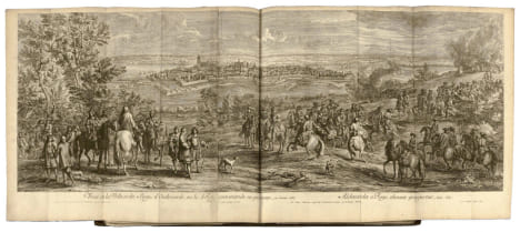 Recueil de 34 estampes, la plupart doubles ou plusieurs fois repliées. [Vues de Versailles, Fontainebleau, Paris, Besançon, Douai, Arras, Saint-Omer, ...