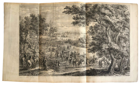 Recueil de 34 estampes, la plupart doubles ou plusieurs fois repliées. [Vues de Versailles, Fontainebleau, Paris, Besançon, Douai, Arras, Saint-Omer, ...