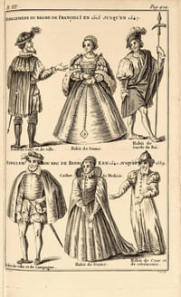 Histoire des inaugurations des rois, empereurs, et autres souverains de l’univers ; depuis leur origine jusqu’à présent. Suivie d’un précis de l’état des Arts & des Sciences sous chaque Regne : des principaux faits, mœurs, coutumes & usages les plus remarquables des François, depuis Pepin jusqu’à Louis XVI. 81 costumes français du XIIIe au XVIIIe siècle.