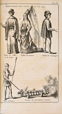 Histoire des inaugurations des rois, empereurs, et autres souverains de l’univers ; depuis leur origine jusqu’à présent. Suivie d’un précis de l’état des Arts & des Sciences sous chaque Regne : des principaux faits, mœurs, coutumes & usages les plus remarquables des François, depuis Pepin jusqu’à Louis XVI. 81 costumes français du XIIIe au XVIIIe siècle.