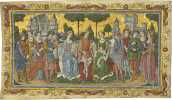Scène de cour médiévale représentant Charles VII (1403-1461) et Marie d’Anjou (1404-1468) peinte sur une feuille d’Antiphonaire en peau de vélin du ...