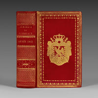 par J. de la Tynna, de la Société d’Encouragement pour l’Industrie nationale. Année 1812. XVe année. Prix : 10 fr., et 13 fr., franc de port par la poste, pour tout l’Empire. L’Almanach du commerce pour l’année 1812 relié à l’époque aux armes de l’Empereur Napoléon Ier (1769-1821).
