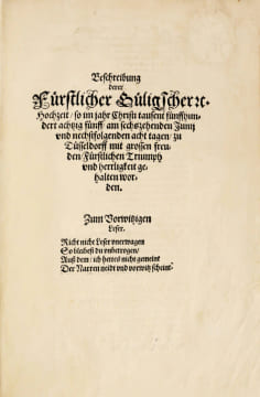 FETES DU DUCHE DE CLEVES. Beschreibung derer Fürstlicher Gülig'scher Hochzeit, so... zu Düsseldorff mit grossen freuden, Fürstlichen Triumph und ...