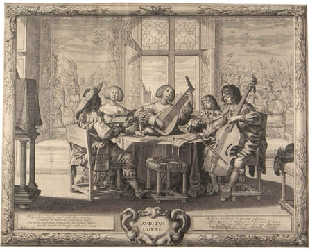 Les cinq sens : L’ouïe – la vue – l’odorat – le goût – le toucher. Le chef-d’œuvre d’Abraham Bosse.. BOSSE, Abraham