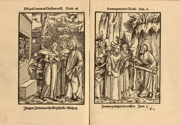 Doctrina, vita et passio Jesu Christie... Lere, Leben, unnd Sterben Jesu Christi. Inhalt des ganzen Newen Testaments künstlich fürgebildet. Edition originale du chef-d’œuvre d’Hans Schäufelein (1480-1538), l’élève d’Albrecht Dürer, ornée de 73 gravures à pleine page, gravée à Francfort en 1537.