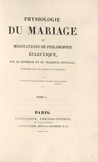 Physiologie du mariage ou méditations de philosophie éclectique, sur le bonheur et le malheur conjugal. Publiées par un jeune célibataire. L’exemplaire Bourlon de Rouvre avec ex-libris armorié et Henri Beraldi (III-1934, n°9) ainsi décrit : « Rare et bel exemplaire dans sa reliure de l’époque ».