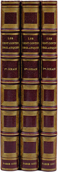 Les cent Contes drolatiques, colligez ès abbaïes de Touraine et mis en lumière par le sieur de Balzac, pour l’esbattement des pantagruelistes et non aultres. Premier [Second-Troisième] Dixain. « Un des romantiques les plus rares,  autant par l’importance de son texte que par la difficulté de la réunion de ces trois Dixains » (Carteret).