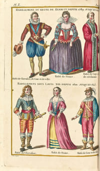 Histoire des inaugurations des rois, empereurs, et autres souverains de l’univers ; depuis leur origine jusqu’à présent. Suivie d’un précis de l’état des Arts & des Sciences sous chaque Regne : des principaux faits, mœurs, coutumes & usages les plus remarquables des François, depuis Pepin jusqu’à Louis XVI 81 costumes français du XIIIe au XVIIIe siècle.