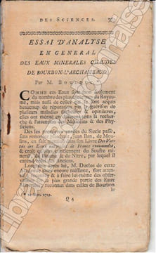Essai d'analyse en général des Eaux minérales chaudes de Bourbon-l'Archambaud. . BOULDUC.