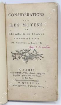 Considérations sur les moyens de rétablir en France les bonnes espèces de bestes à laine.             . [CARLIER (Abbé Claude)].