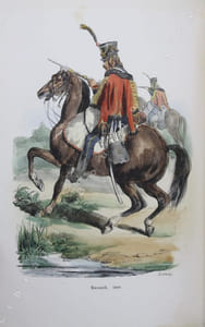 Collection des types de tous les corps et des uniformes militaires de la République et de lEmpire. 50 planches coloriées comprenant les portraits de Bonaparte, premier consul ; de Napoléon, Empereur ; du prince Eugène, du Roi Murat et du Prince J. Poniatowski d'après les dessins de M. Hippolyte Bellangé.