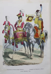 Collection des types de tous les corps et des uniformes militaires de la République et de lEmpire. 50 planches coloriées comprenant les portraits de Bonaparte, premier consul ; de Napoléon, Empereur ; du prince Eugène, du Roi Murat et du Prince J. Poniatowski d'après les dessins de M. Hippolyte Bellangé.