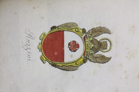 Recueil de 92 blasons dessinés à la plume, dont 9 coloriés. . [ARMORIAL MANUSCRIT].