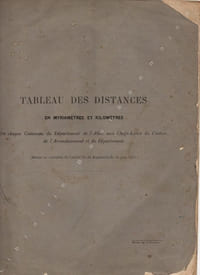 Tableau des distances en myriamètres et kilomètres de chaque commune du département de l'Allier aux Chefs-lieux du canton de l'arrondissement et du département. (Dressé en exécution de l'article 93 du Réglement du 18 juin 1811).